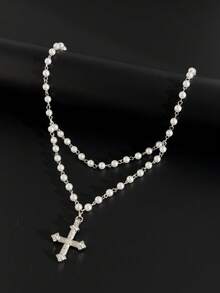 1pc Vintage Cross Pendant & Faux Pearl String Men's Fashionable Versatile Necklace - Silver - View 4