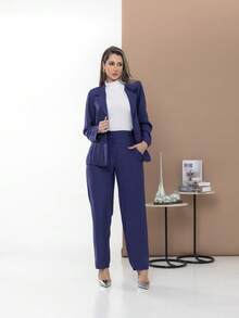 Women's Blazer And Tailored Pants Set - Navy Blue - View 1