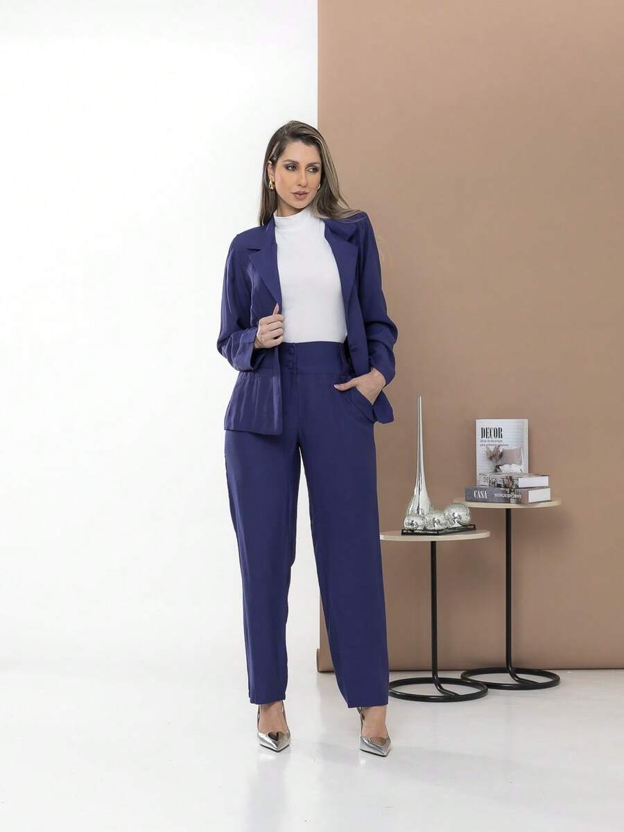 Women's Blazer And Tailored Pants Set - Navy Blue - View 1