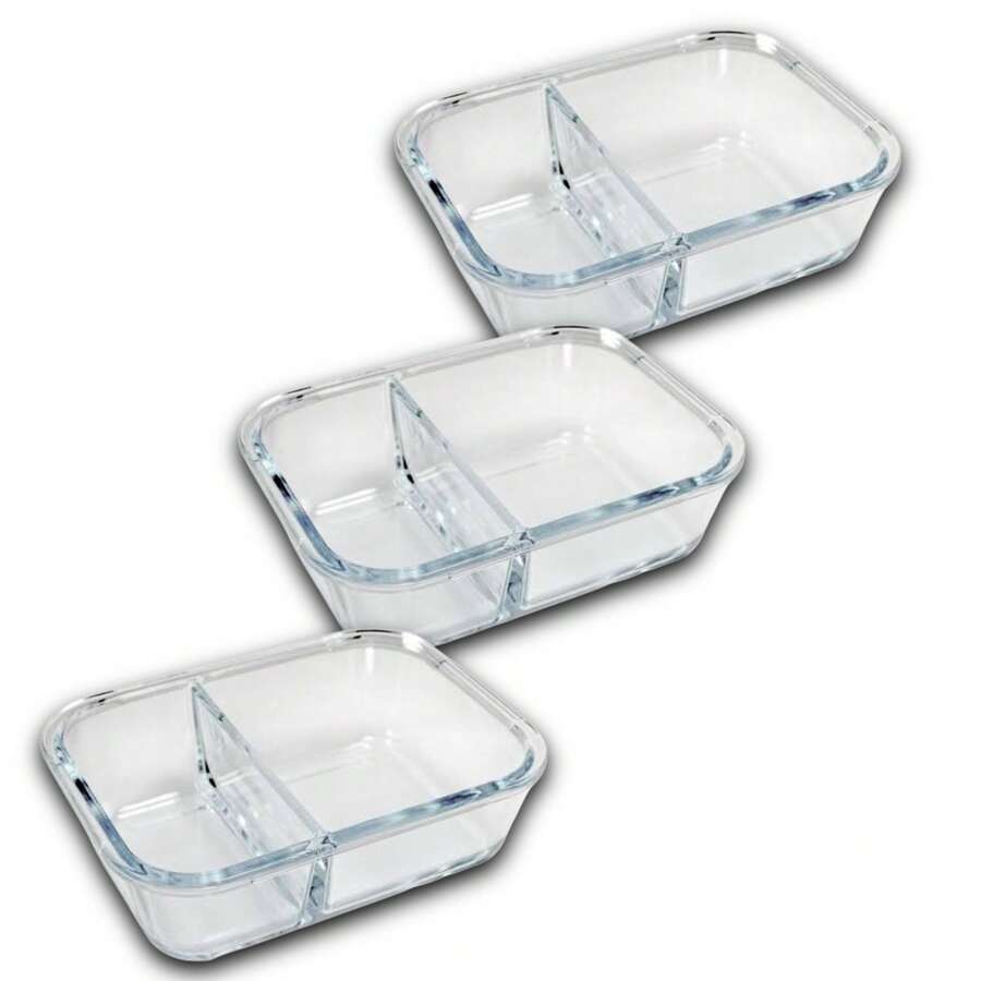 Kit 3 Hermetic Glass Jars With 2 Dividers Lunch Box 1000ml - Clear - View 1