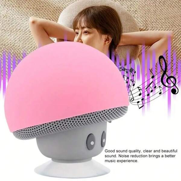 Altoparlante senza fili a forma di fungo carino con ventosa, suono stereo portatile, batteria ricaricabile in litio polimero USB, supporto da tavolo per smartphone e tablet, controllo a pulsante, riduzione del rumore, ideale per viaggi e uso all'aperto