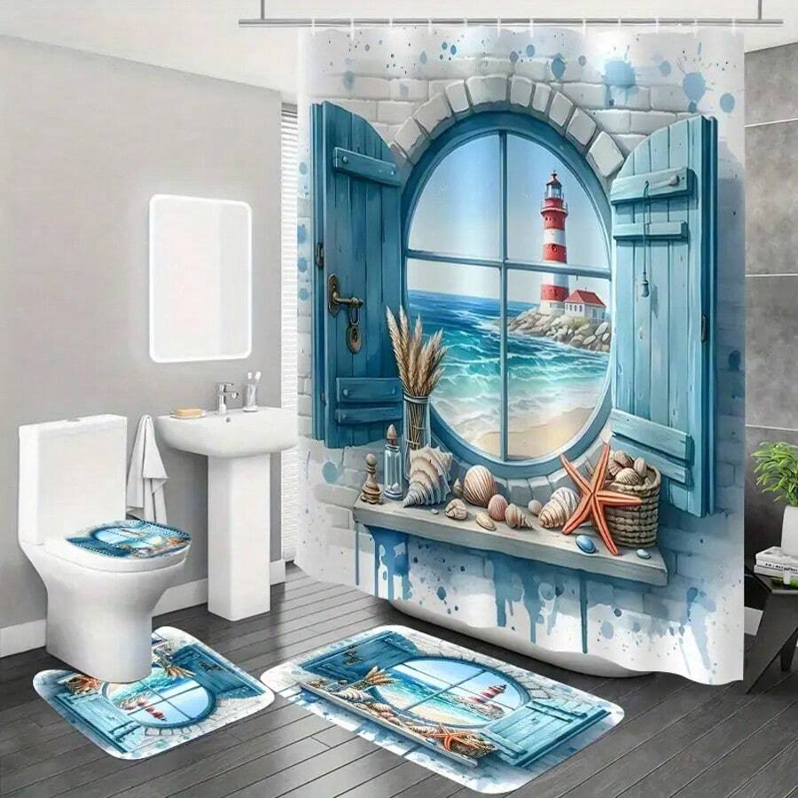 1/4 Bộ rèm tắm khách sạn phòng tắm căn hộ họa tiết ngọn hải đăng phong cảnh biển, bao gồm 12 móc, thảm chùi chân, nắp bồn cầu và thảm hình chữ U, Bộ rèm tắm 4 món phụ kiện phòng tắm - Nhiều màu - Xem 1