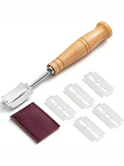 7pcs Stainless Steel Bread Cutter Set Including 1pc Creative Wooden Handle Bread Lame, 1pc Dough Scoring Tool, 1pc Bread Carving Knife, 5pcs Blades And 1pc Pu Leather Protective Cover