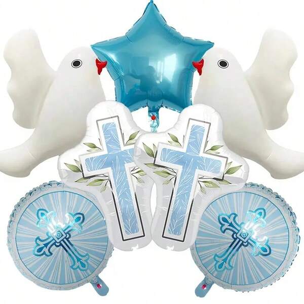 7Pcs First Foil Balloons Decorations, Cross Star Baptism Party Balloons For First Baptism Party God Bless Christening Memorial Theme Decorations Supplies
