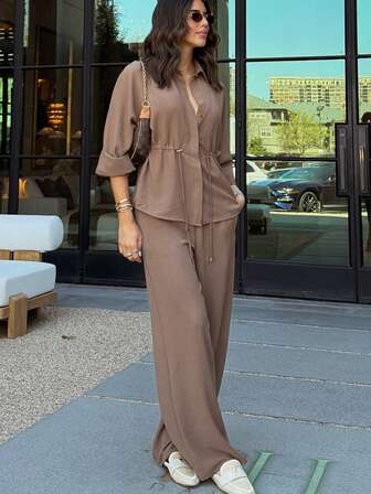 HH Women Pants Suit Solid Seven-Quarter Sleeve Lapel Drawstring Design Casual Loose Top+Elastic Waist Wide Leg Long Pants