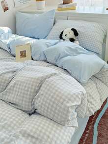 3件套 天蓝色 小清新 格子 女童 学生 小清新 超柔 可爱 四季 男女童 宿舍换装被套 居家床上用品 套件 不含被芯 单人大号双人床