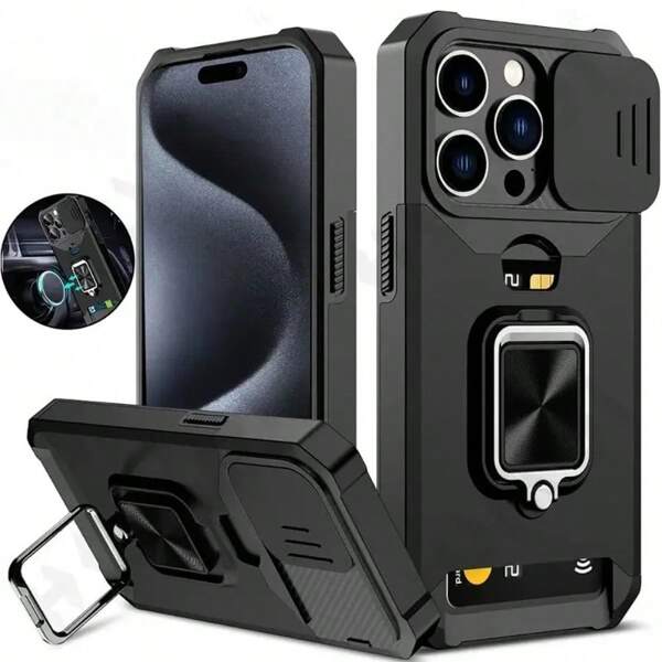 Protective Case With Sliding Camera Slot & Ring Holder For IPhone 16, 15, 14, 13, 12, 11 Pro Max, Plus Models