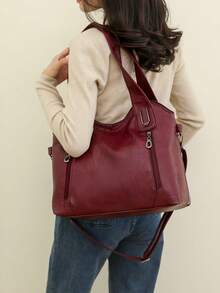Fashionable Solid Color Leather Handbag, Vintage PU Crossbody Satchel Bag, Front & Back Zipper Pockets, Large Capacity Women Shoulder Bag For Daily, Work Commute - Màu Đỏ Sâu - Xem 4
