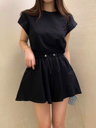 2pcs Set: Casual Solid Back Slit Tie-Up T-Shirt & Drawstring Wide Leg Shorts