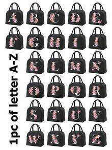 1pc Letter Print Insulated Lunch Bag, Thermal Lunch Tote, Handbag, Lunch Box, Ice Pack, Picnic Food Tote Bag, Canvas Lightweight Portable Lunch Storage Bag, Ideal For School, Office, Picnic, Birthday Gift, Souvenir. This Is A Novel Design With Large Capacity Portable Casual Lunch Insulation Bag, An Ideal Tote Bag For School Supplies. - Black - View 2