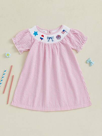 Baby Girl Summer Dress Short Sleeve Bow Flag Embroidery Stripes Print Loose Dress Toddler A-Line Dress