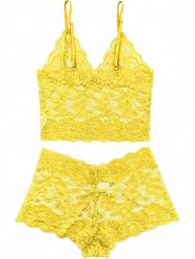 Floral Lace Lingerie Set High Waist Sleepwear Bra And Panty 2 Piece Nightwear 2025 Back-To-School Season Fall Pjs - 黃色 - 查看 5