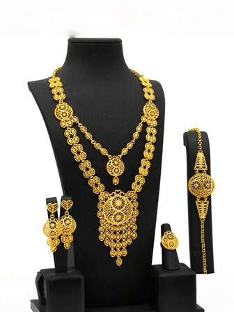 4st Dubai Kopparlegering Långt Halsband Guldpläterat Dam Tofs Hänge Örhängen Ring Indien Smyckesset Lyx Nigeria Mellanöstern Mode Bröllop Brud Tillbehör är också lämpliga för dagligt slitage