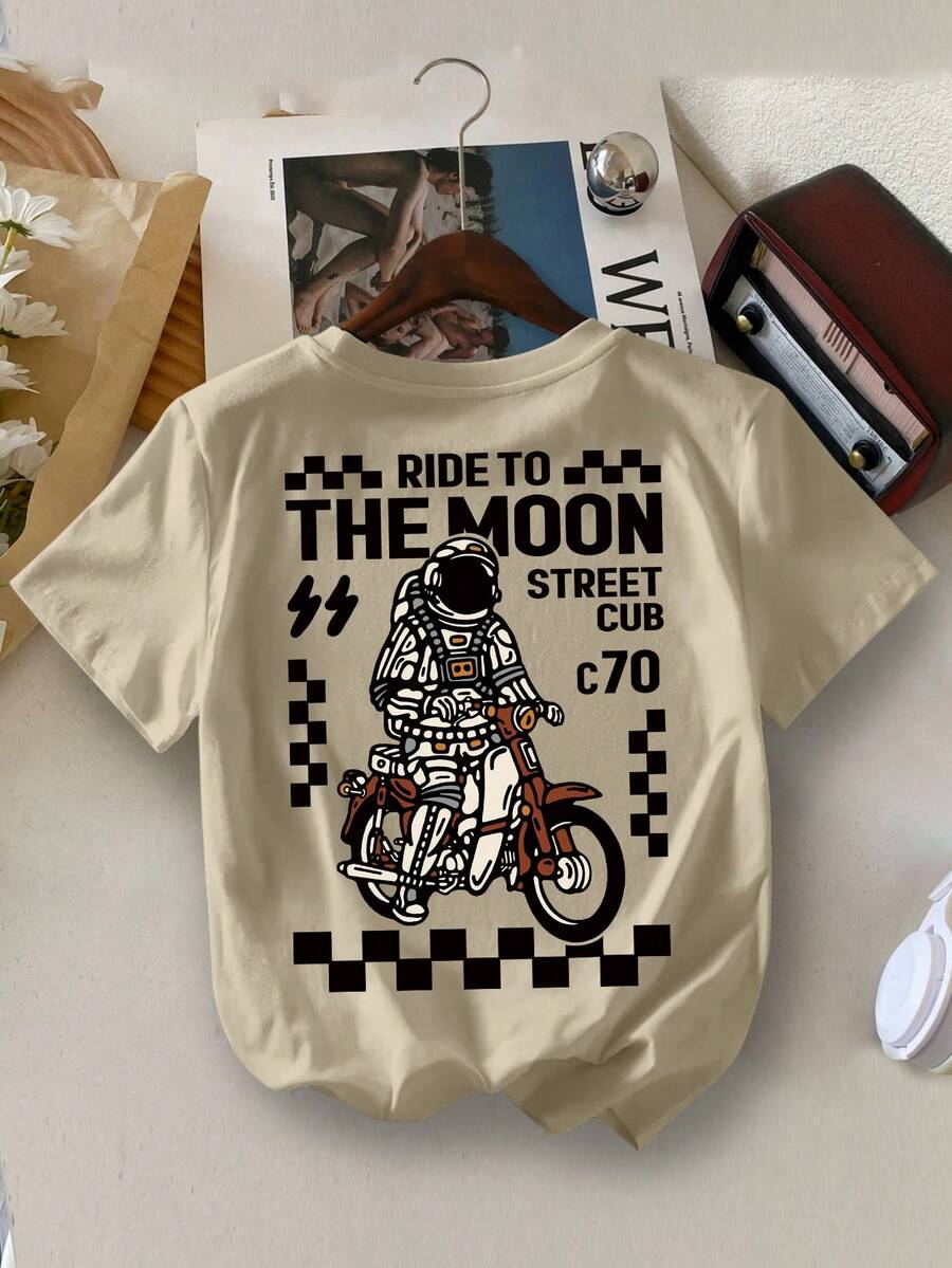 Áo thun cổ tròn in chữ xe máy thường ngày Young Boy Yongboy, mùa hè - Màu Khaki - Xem 1