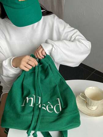 Canvas Embroidered Letter Drawstring Backpack, Travel Casual Rucksack, School Backpack