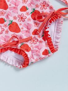 Baby Girl Swimsuit Long Sleeve Strawberry/Ice Cream Bathing Suit With Hat Infant Toddler Rashguard Swimwear Sunsuit - 粉色 - 查看 6