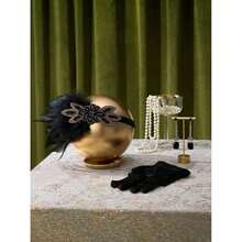 Bohemian Style Elastic Fabric Hair Accessory Perfect For Makeup Party, Ladies New Fashion Diamond Studded Feather Headband, 1920s Great Gatsby Accessories Set For Women, Flapper Headband Headpiece Roaring 20s Costume Accessories Set - F01 黑色 - 查看 7