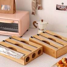 All-In-One Food Wrap Dispenser With Aluminum Foil & Stretch Film Cutter Box, Fresh Bamboo Bag Cutter Rack, Wooden Storage Rack For Garbage Bags & Plastic Bags, Convenient & Quick For Kitchen - Multicolor - View 12