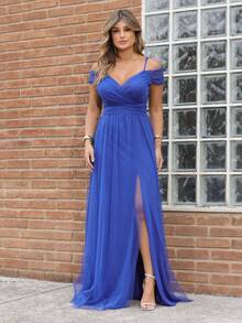 Elegant Off-The-Shoulder Long Dress Without Shine - azul real - Ver 1