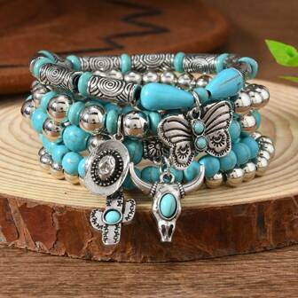 5pcs/Set Bohemian Style Wooden Bead, Turquoise, Leaf & Flower Charm Bracelet Set