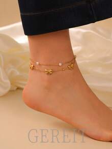 GEREIT 1pc 18K Genuine Gold Stainless Steel Faux Pearl Multilayer Butterfly Anklet, Suitable For Women Daily Wear And Parties - Bow Pearls - View 1