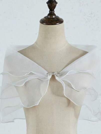 1pc Cropped Capelet Bubble Chiffon Bow Clasp Decor, Paired With Mini Dress