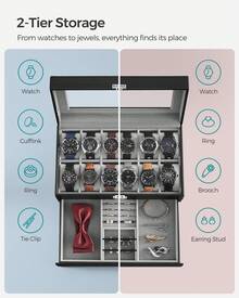 SONGMICS Watch Box, Watch Case With Glass Lid, 2-Tier Watch Display Case For 12 Watches, Lockable, 1 Drawer, For Rings, Bracelets, Gift Idea, Black Coating And Grey Lining - 黑色 - 查看 4