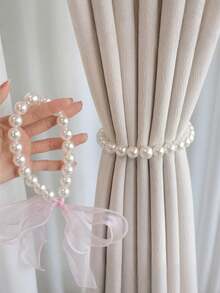 1件仿珍珠缎面窗帘绑带，法式珍珠蝴蝶结窗帘绑带，蝴蝶结装饰窗帘绑带，雪纺缎面窗帘绳窗帘扣，适用于卧室、客厅家居装饰 - 彩色 - 查看 4