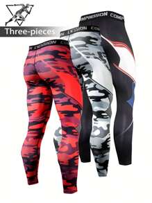 3 件套男士户外运动压缩裤，速干，时尚印花，舒适丝滑柔软，有弹性，透气，适合跑步、篮球、骑自行车