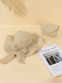 2pcs/Set Women Khaki Wavy Sun Hat & Crossbody Straw Woven Tote Bag, Suitable For Beach Vacation Travel - Beige - View 3