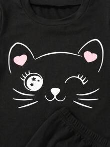 3pcs/Set Girls Cartoon Cat Print Solid Color Round Neck Short Sleeve T-Shirt And Shorts Set
