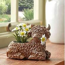 1pc Modern American Style Practical Creative Scottish Highland Cattle Planter, For Your Garden Patio Home Decoration, Small Potted Succulent Culture Container Resin Craft Decoration - Coffee Brown - View 2