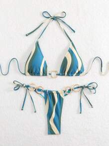 LUCKY HOLIDAY Fashionable Sexy Gold Circular Ring Tie Side Bikini Swimsuit Set
