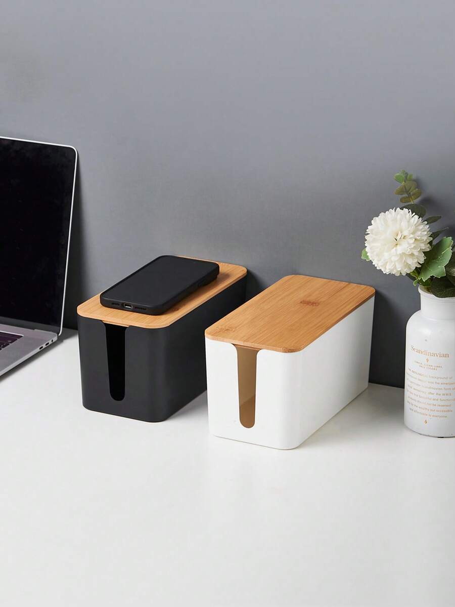 1pc Creative Minimalist Wire Organizer Box, Desktop Power Socket Cord Management Box, Wooden Cable Tidy Box - Multicolor - View 1