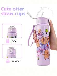1 pieza Botella de agua con diseño de capibara de dibujos animados y pajita para niños pequeños y niños, botella de agua deportiva portátil a prueba de fugas y derrames de 800ml, adecuada para exteriores, viajes y escuela - Multicolor - Ver 3