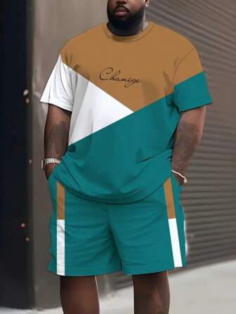 Plus Size Men Summer Color Block Short Sleeve & Shorts Set, Breathable Mesh Fabric Sports & Fitness Set, Fashionable 3D Letter Print Short Sleeve & Drawstring Shorts Set