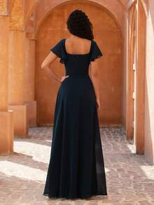 MOEVIO 女式方领荷叶边袖收腰雪纺露背长款优雅正式伴娘婚礼宾客派对舞会礼服，适合青少年、秋季返校节度假生日女士服装 - 藏蓝色 - 查看 2