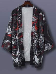 Oversized Street Fashion Cool Casual Shirt, Japanese Haori Kimono Jacket With Lion Print, Lightweight Summer Hooded Kimono Cover Up, Loose Fit Thin Beach Coverups For Couples, Summer Travel & Holiday - Black - View 1
