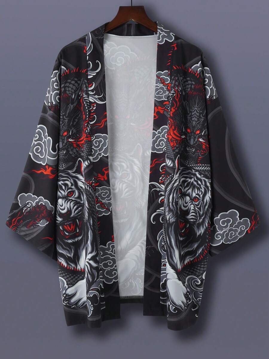 Oversized Street Fashion Cool Casual Shirt, Japanese Haori Kimono Jacket With Lion Print, Lightweight Summer Hooded Kimono Cover Up, Loose Fit Thin Beach Coverups For Couples, Summer Travel & Holiday - Black - View 1