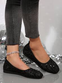 1 Paio di eleganti e confortevoli ballerine da donna con punta tonda e paillettes, paillettes glamour, scintillanti e alla moda, stile minimalista chic, adatte per lavoro, casual, vacanza, uso versatile all'aperto - nero - Visualizzare 7