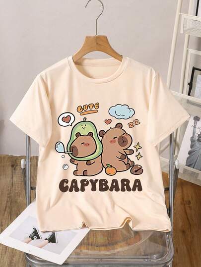 Young Girl's Cartoon Capybala Print Round Neck Short Sleeve Tee Spring And Summer Casual T Shirt For Young Girl