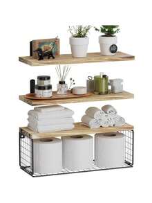 Estantes Flotantes Modernas Con Canasta De Alambre Duradero Estantes de Baño, Dormitorio, Sala de Estar - Beis - Ver 1