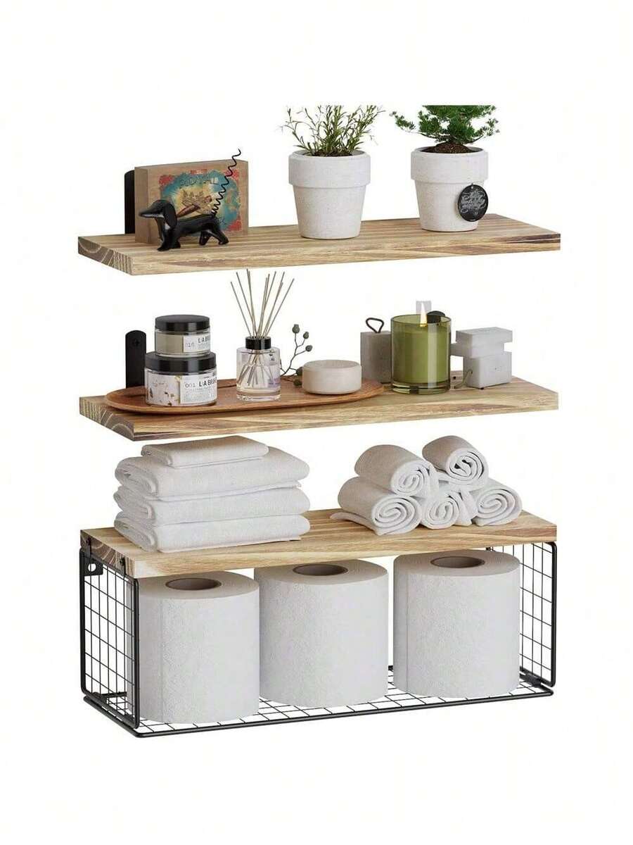 Estantes Flotantes Modernas Con Canasta De Alambre Duradero Estantes de Baño, Dormitorio, Sala de Estar - Beis - Ver 1