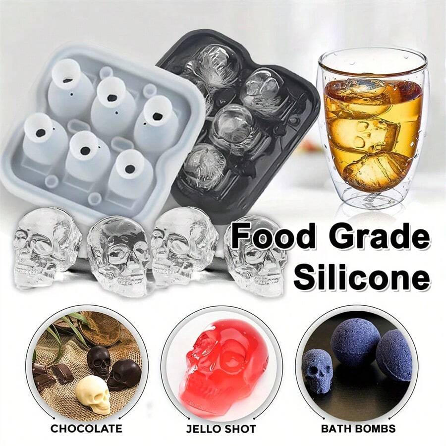 Molde de silicona multifuncional en forma de calavera para hacer cubitos de hielo, molde para chocolate, pudín, gelatina y dulces. Bandeja para cubitos de hielo para cócteles, bebidas congeladas, accesorios de cocina, artículos esenciales para apartamentos, suministros para fiestas de Halloween, bandejas y recipientes de hielo de verano, accesorios de cocina de verano