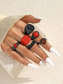 6pcs Set Stylish Street Punk Skull & Letter Design Rings, Men Casual Everyday Wear - Black - View 11