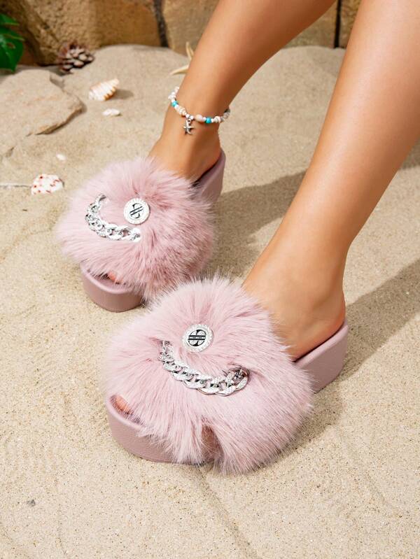 نعال بيت نسائية لون داكن شامواه مزينة بسلسلة وإبزيم، صنادل شعر مفتوحة الأصبع عصرية كاجوال