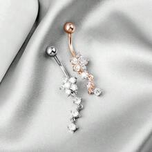 1pc Stainless Steel Plant Dual Rhinestone Flower Navel Piercing Ring, Anti-Allergy - Silver - View 7