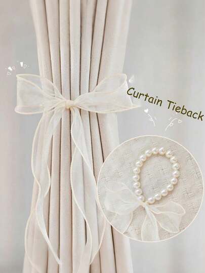 1pc Faux Pearl Satin Curtain Tie Backs, French Pearl Bow Curtain Tiebacks, Bow Decor Curtain Tie Backs, Chiffon Satin Curtain Rope Curtain Fasteners, Suitable For Bedroom Living Room Home Decor