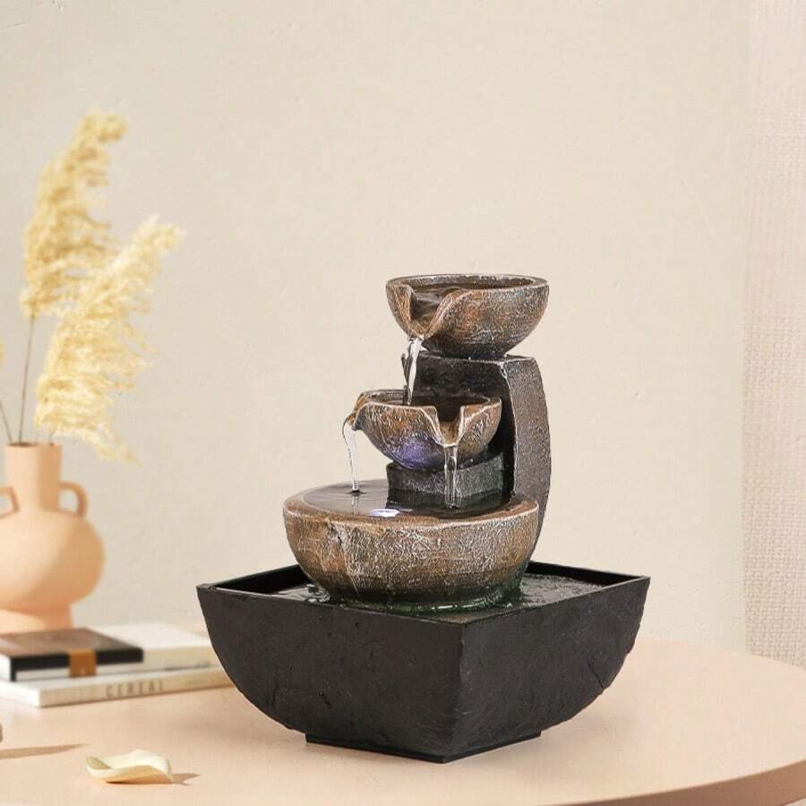 1 pieza Fuente de cascada de resina serena - Fuente de cascada de resina serena, alimentada por USB, voltaje bajo ≤36V, característica decorativa de agua fluida de sobremesa para relajación en el hogar y la oficina