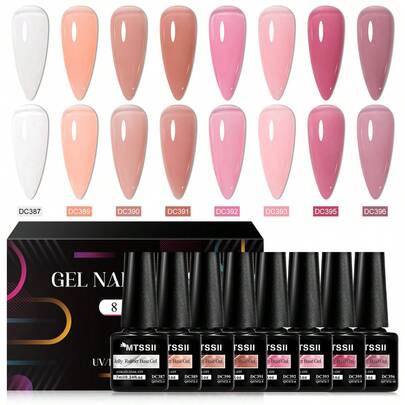 8PCS/Set 7ml Natural Nude Rubber Base Gel Nail Polish,Nail Supplies Milky Pink Jelly White Glitter Semi Permanent Soak Off UV LED Nails Gel Varnish With Gift Box